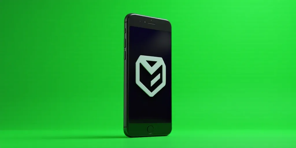 a cell phone with a logo on it is shown in front of a green background with a black and white logo,