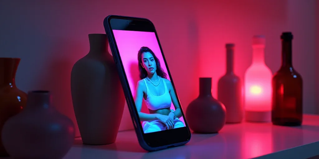 a cell phone with a picture of a woman on it next to a shelf of vases and bottles, Daphne Allen, vap
