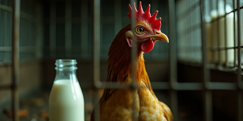 a chicken in a cage with a bottle of milk in the background and a plastic bottle in the foreground,