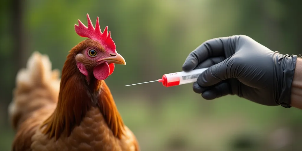 a chicken is in the background with a syring in its hand and a blood test in the foreground, Avgust