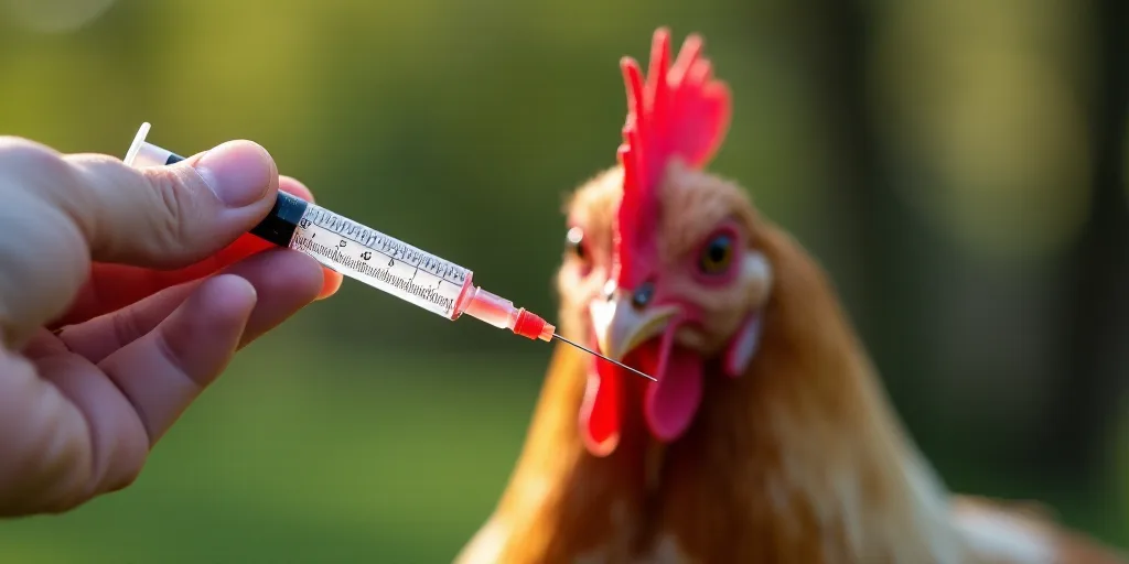 a chicken is in the background with a syring in its hand and a blood test in the foreground, Avgust