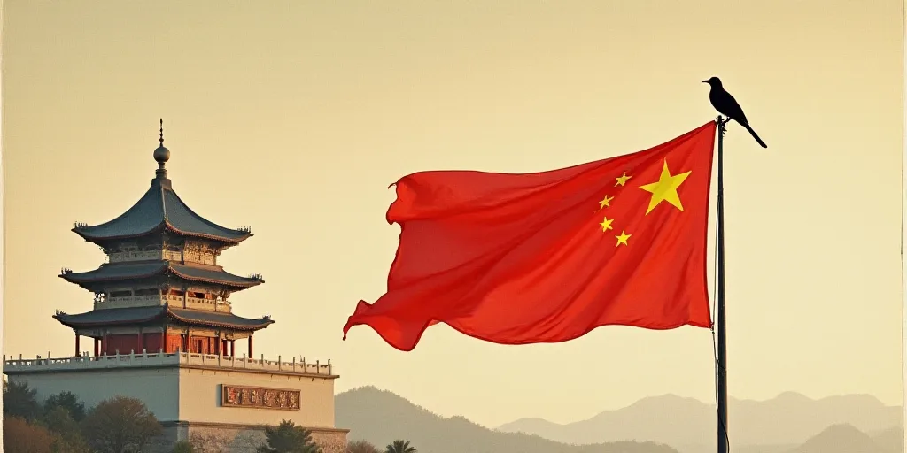a chinese flag flying in front of a tall building with a sky background and a bird perched on the fl