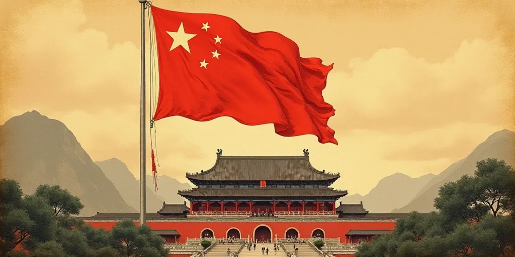 a chinese flag flying in front of a building with a roof and a balcony area with statues on top, Emp