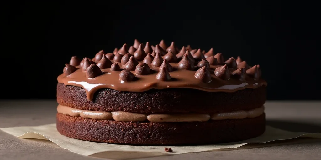a chocolate cake with chocolate chips on top of it on a table with a black background and a black ba