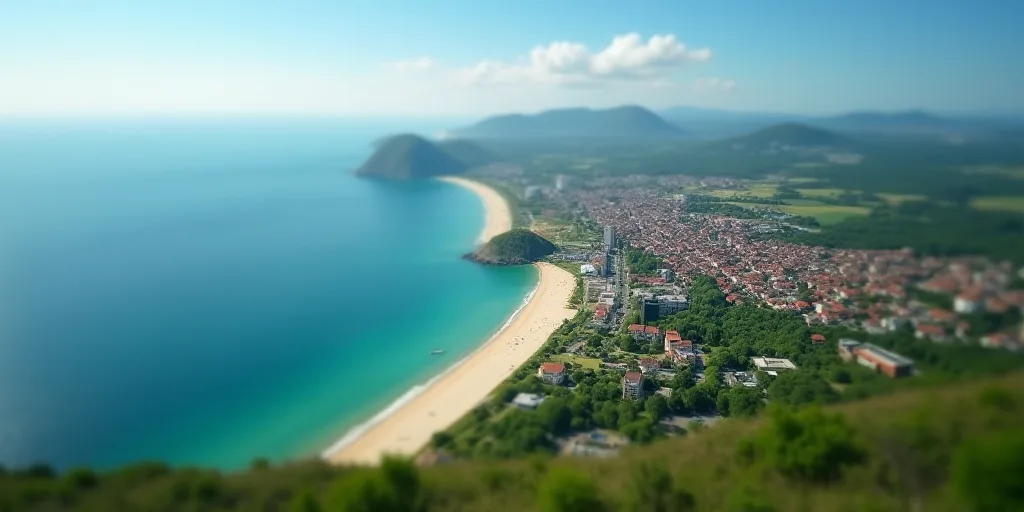 a city next to the ocean with a green beach in front of it and a long stretch of water, Bascove, aer