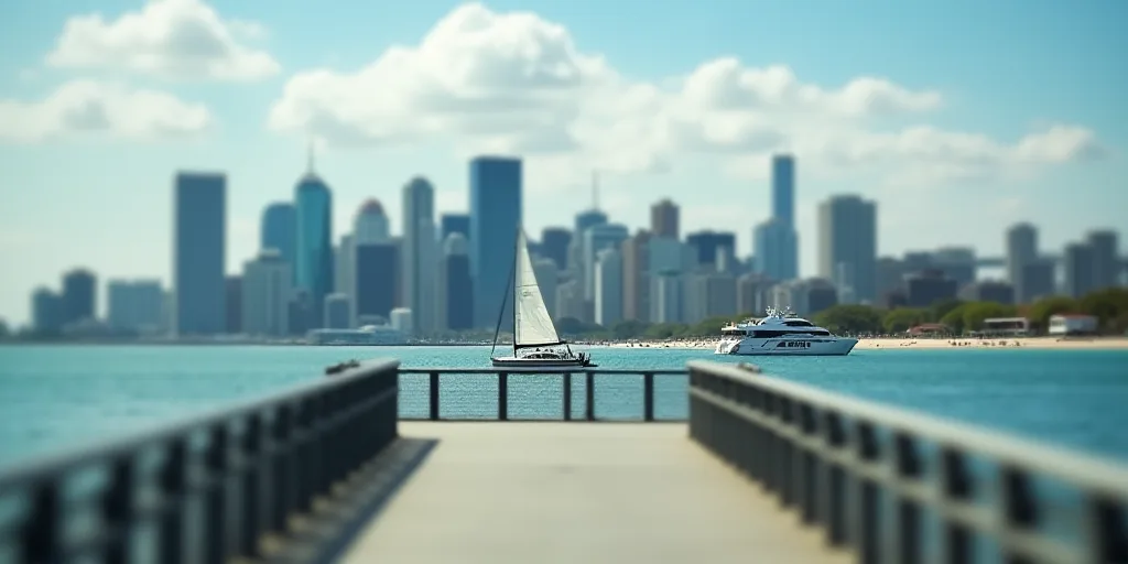 a city skyline with a beach and a sailboat in the water and a pier in front of it, Art Brenner, city