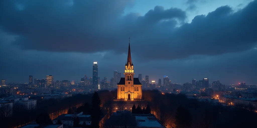 a city skyline with a church lit up at night time with clouds in the sky and buildings lit up, Eddie