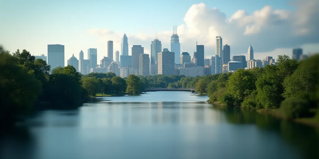 a city skyline with a lake in the foreground and trees in the foreground, and a city in the backgrou