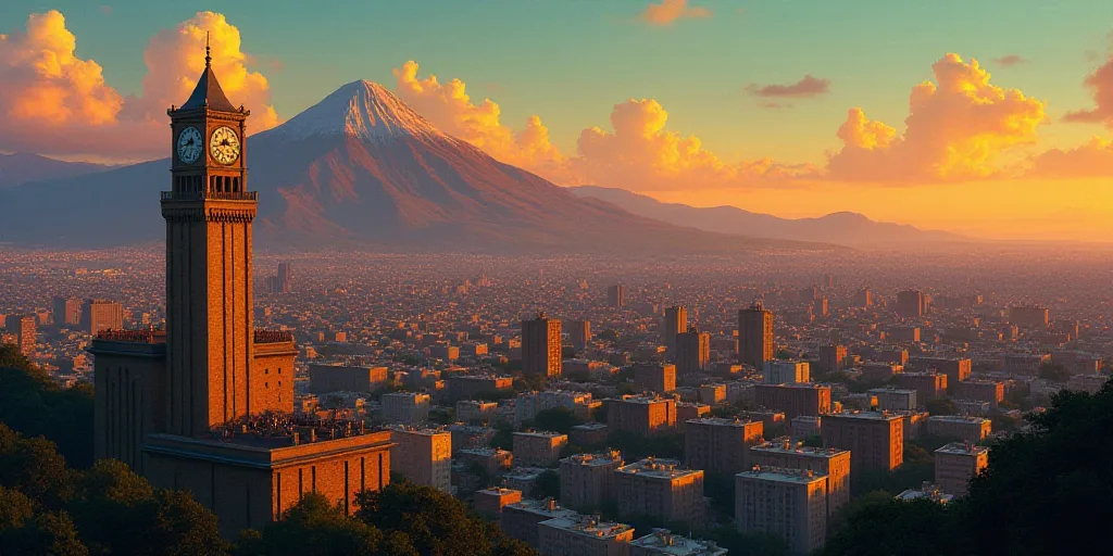 a city skyline with a large building and a tower with a clock at dusk with a view of a mountain, Die