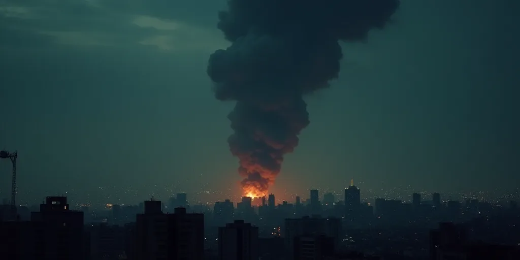 a city skyline with a large plume of smoke in the distance at night time with a dark sky and a dark