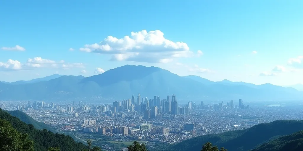 a city skyline with mountains in the background and a blue sky in the foreground with a few clouds,