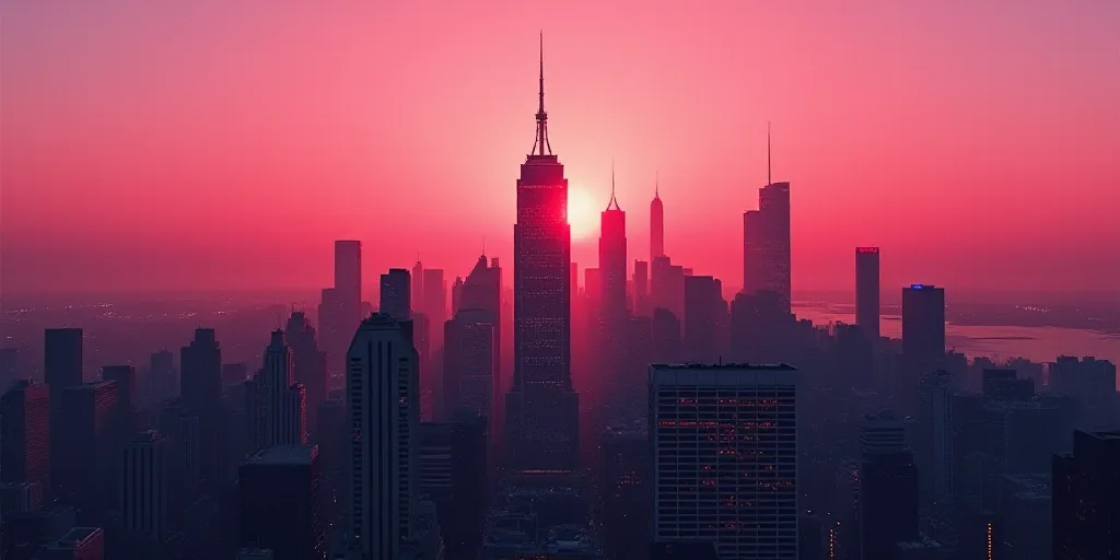 a city skyline with tall buildings and a pink sky in the background at dusk or dawn with a red light