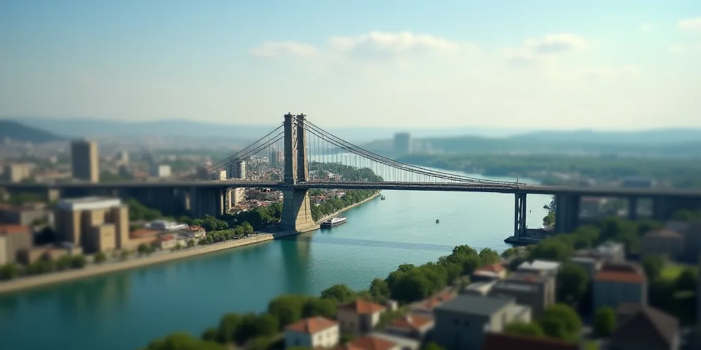 a city with a bridge and a bridge over it with a sky line above it and a city below, Aquirax Uno, bl