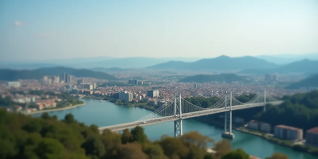 a city with a bridge and a bridge over it with a sky line above it and a city below, Aquirax Uno, bl
