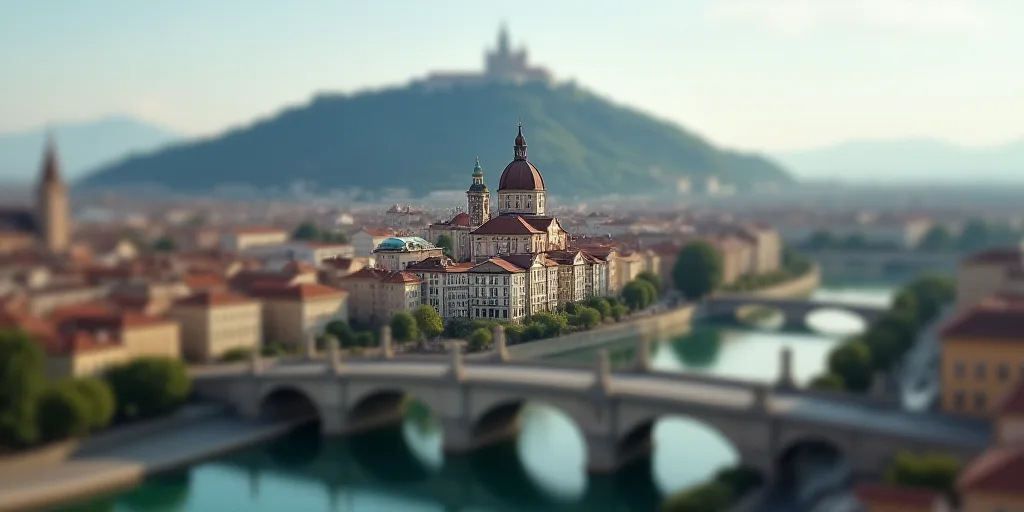 a city with a bridge and a large building on top of it with a hill in the background and a few build