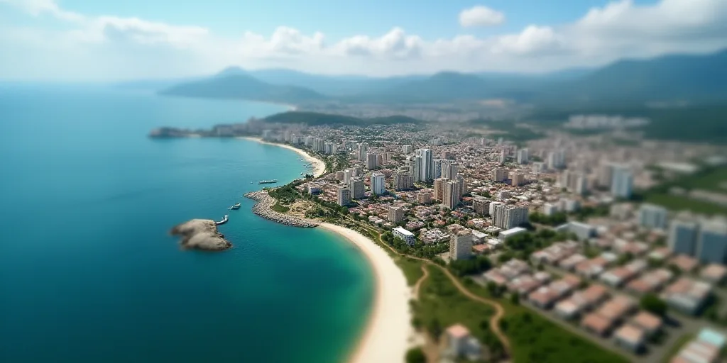 a city with a large body of water next to a beach and a city with a lot of buildings, Aquirax Uno, a