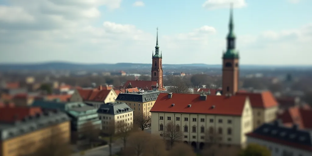 a city with a large building and a steeple in the background with a clock tower in the middle, Ernst