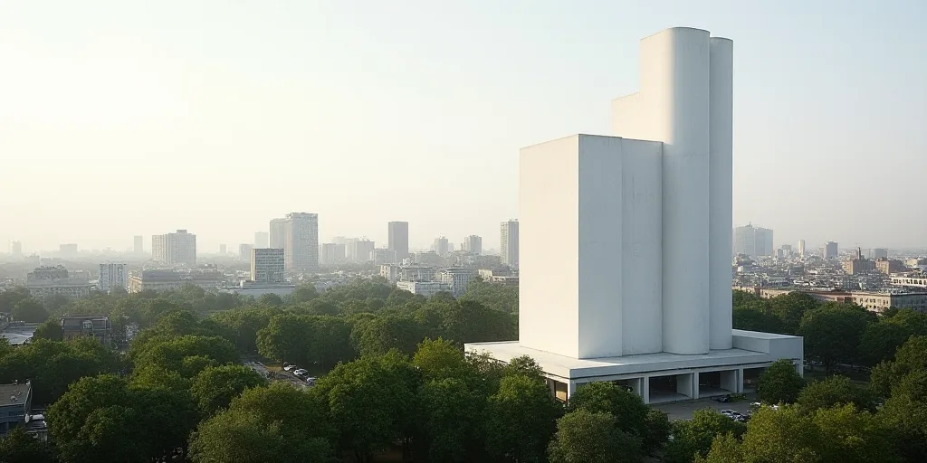 a city with a large white building in the background and trees in the foreground, and a few building
