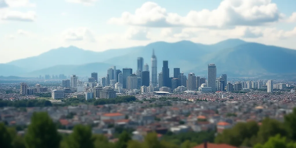 a city with a lot of buildings and mountains in the background, and a few buildings in the foregroun