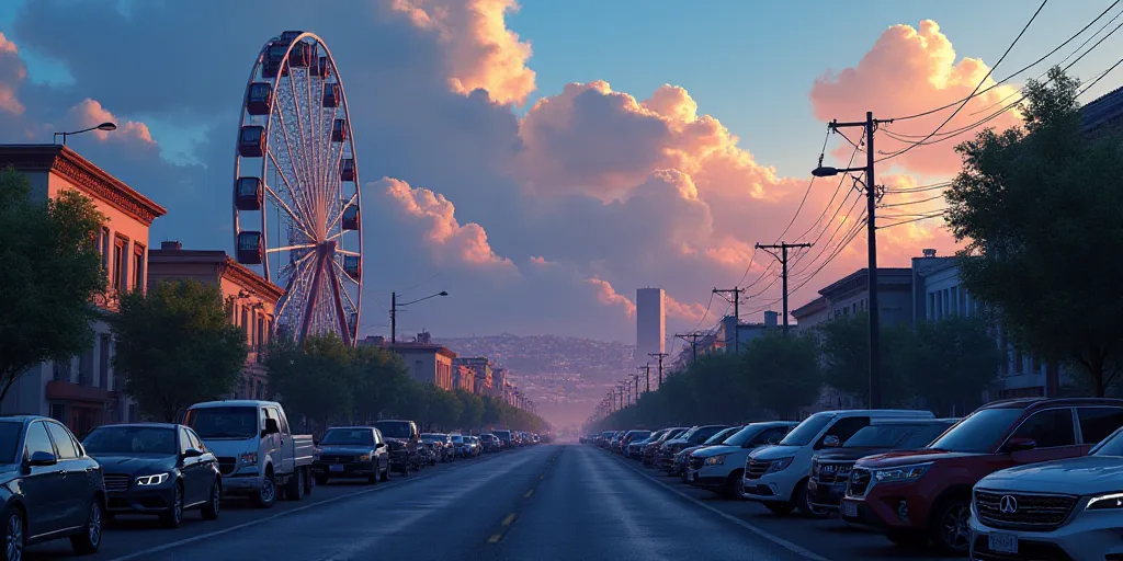 a city with a lot of cars parked in it at dusk time with a sky full of clouds and a ferris wheel, Ed