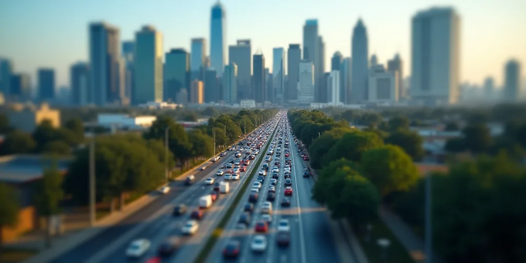 a city with a lot of tall buildings and a street with cars driving down it and a sky line, Eddie Men