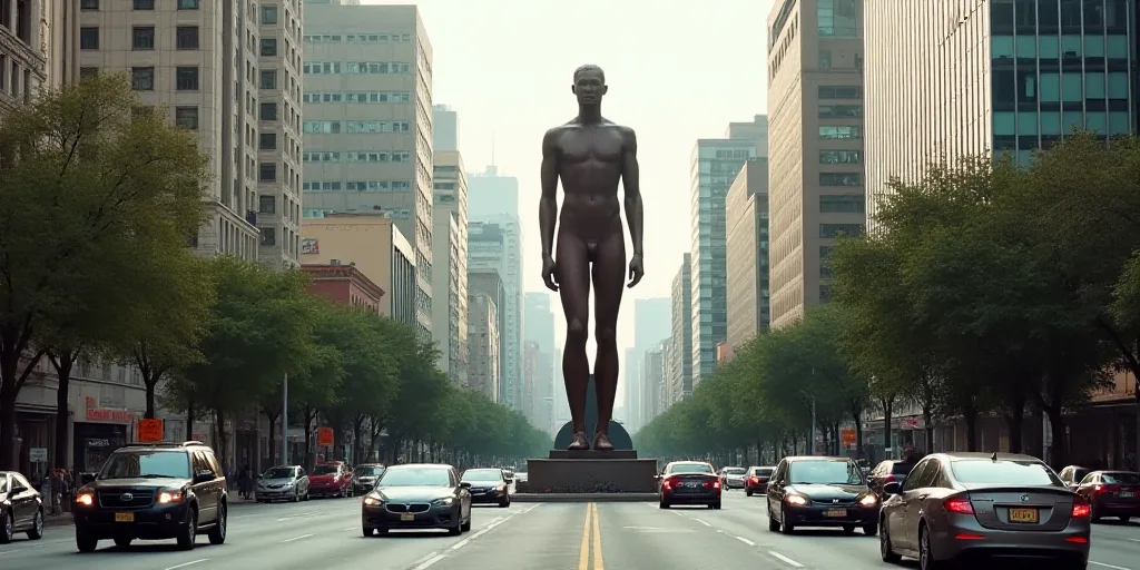 a city with a lot of tall buildings and a statue in the middle of the street with cars driving aroun