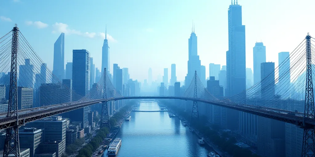 a city with a lot of tall buildings and a river in the background with a blue and white image of a c