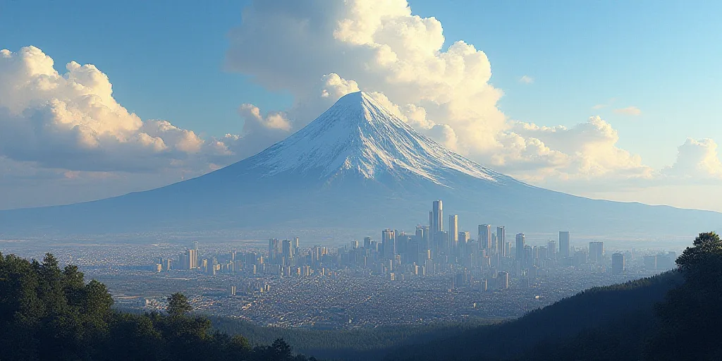 a city with a mountain in the background and clouds in the sky above it, with a cityscape in the for