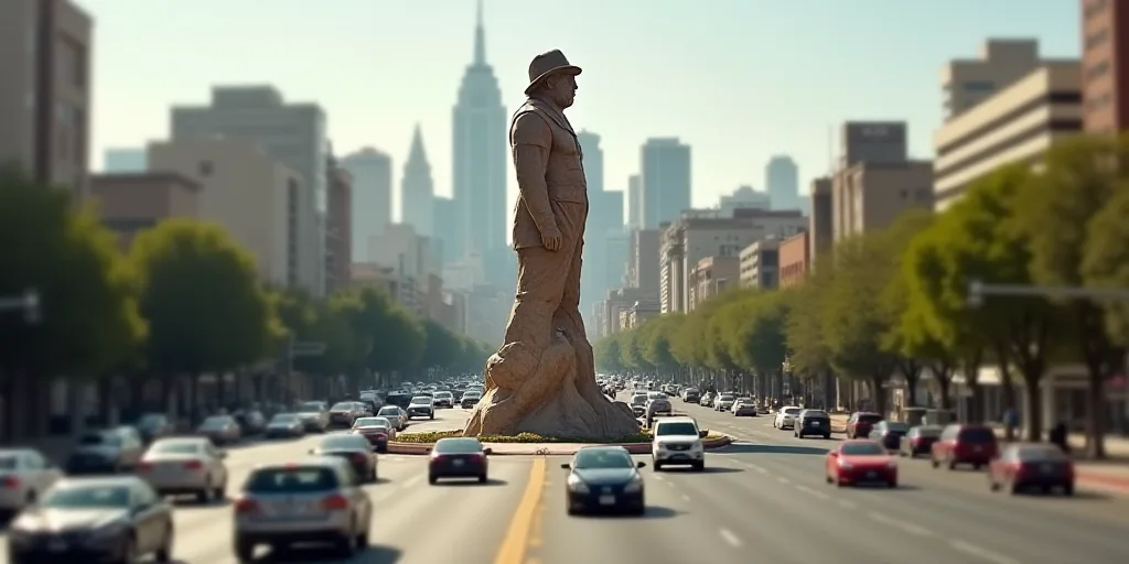 a city with a statue in the middle of it and a lot of cars driving around it in the foreground, Davi