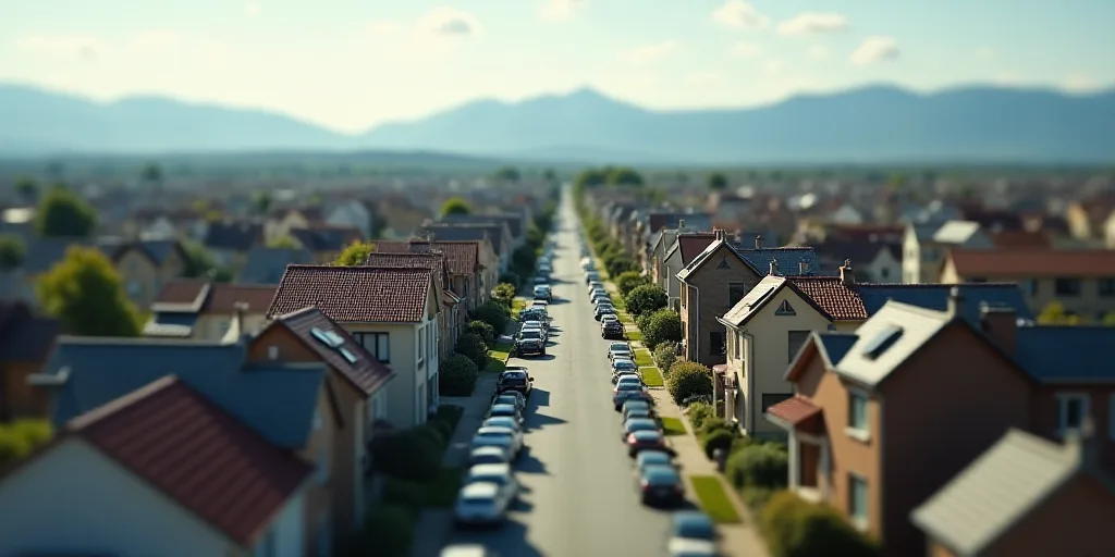 a city with lots of houses and cars parked in front of them and mountains in the background in the d