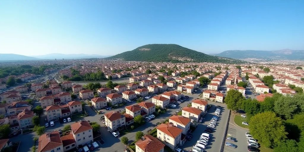 a city with lots of houses and cars parked in the lot and a hill in the background with a blue sky,