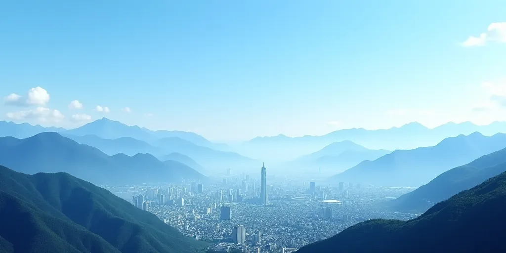 a city with mountains in the background and a blue sky in the foreground with a blue sky and a blue