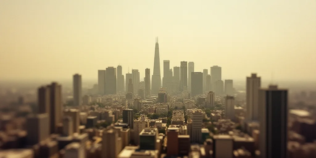 a city with tall buildings and a sky scraper in the background with a hazy sky in the foreground, Da