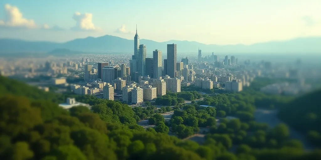 a city with tall buildings and a lot of green trees in the background and mountains in the distance