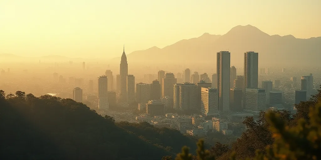 a city with tall buildings and trees in the foreground and a hazy sky in the background with mountai