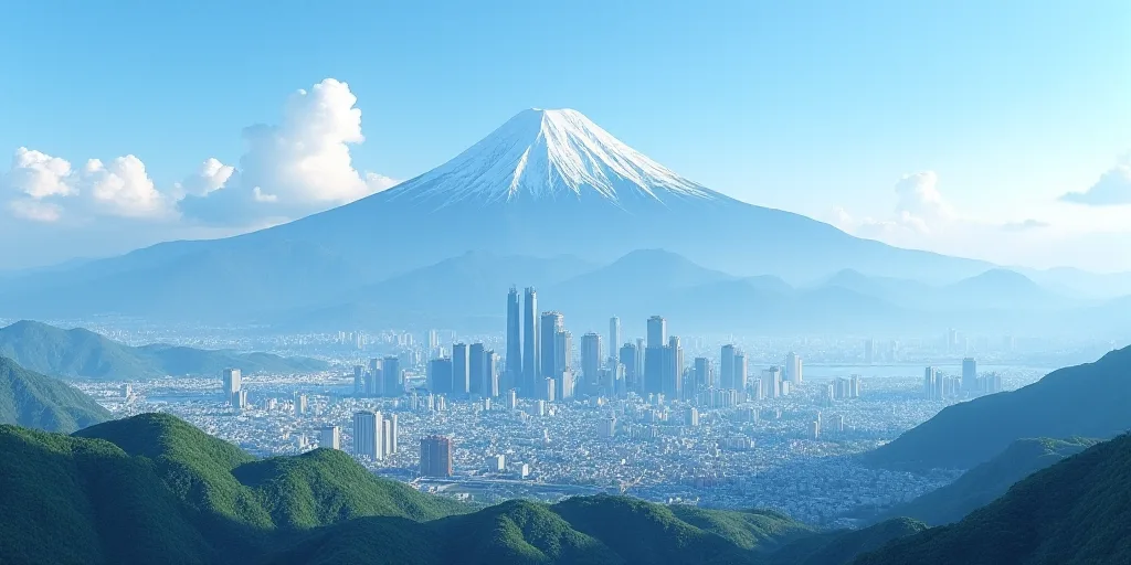 a city with tall buildings and a mountain in the background with a blue sky in the foreground and a