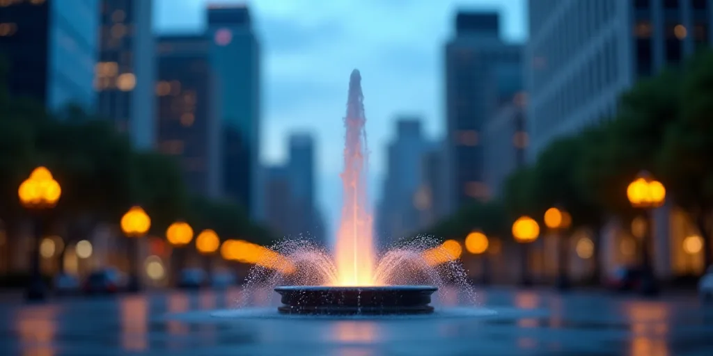 a city with tall buildings and a fountain in the middle of the street at dusk time with a blue sky,
