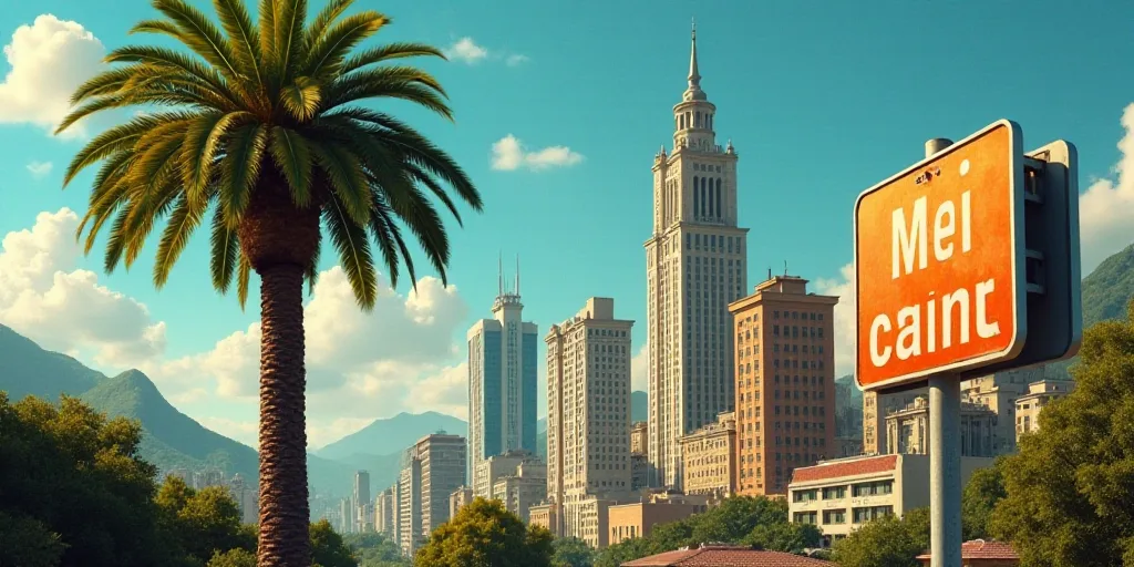 a city with tall buildings and a street sign in front of it with a palm tree in the foreground, Dieg
