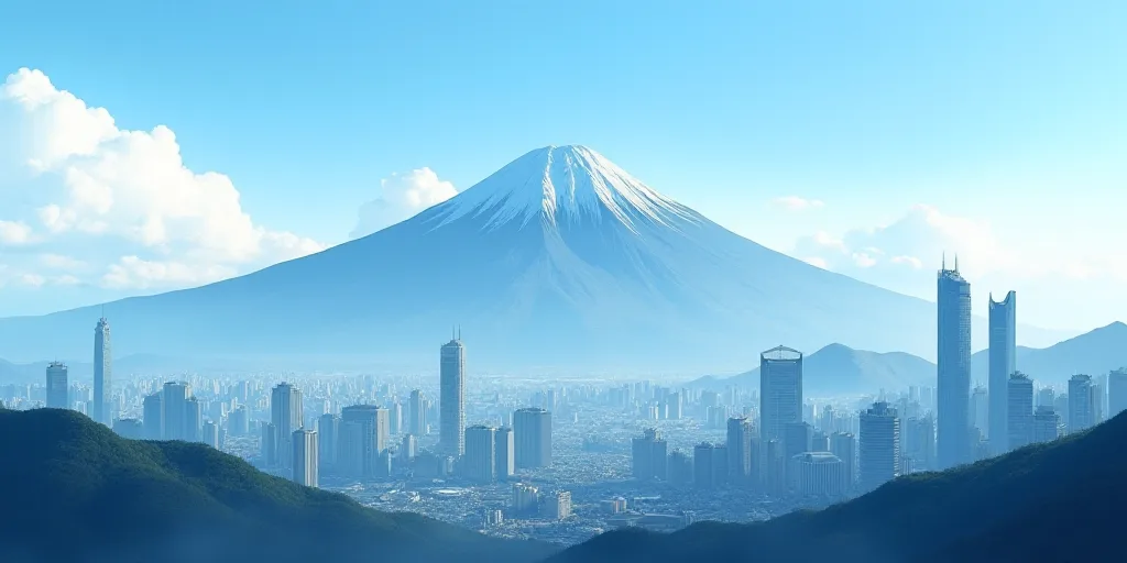 a city with tall buildings and a mountain in the background with a blue sky in the foreground and a