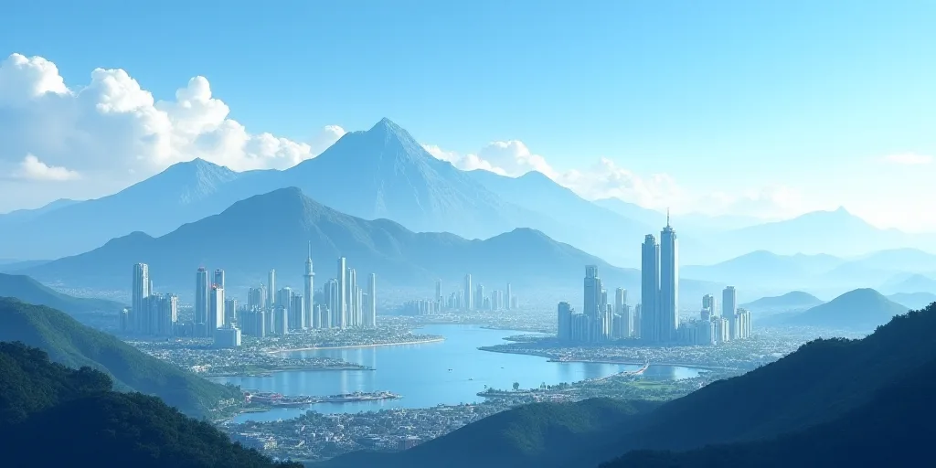 a city with tall buildings and a mountain in the background with a blue sky in the foreground and a