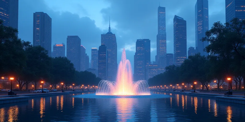 a city with tall buildings and a fountain in the middle of it at dusk time with a blue sky, Eddie Me