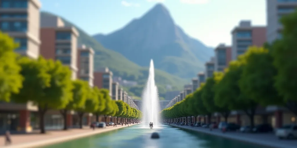 a city with tall buildings and a fountain in the middle of the street with a mountain in the backgro
