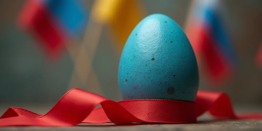 a close up of a blue egg with a red ribbon around it and flags in the background with a blue object