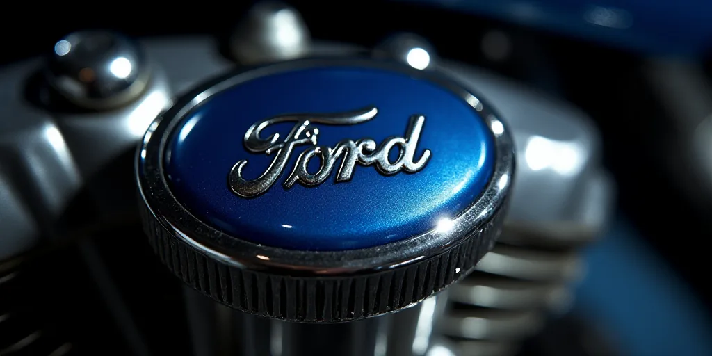 a close up of a blue ford emblem on a motorcycle engine with chrome lettering on it and a black back