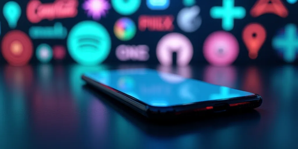 a close up of a cell phone on a table with a logo behind it and a group of logos behind it, Andries