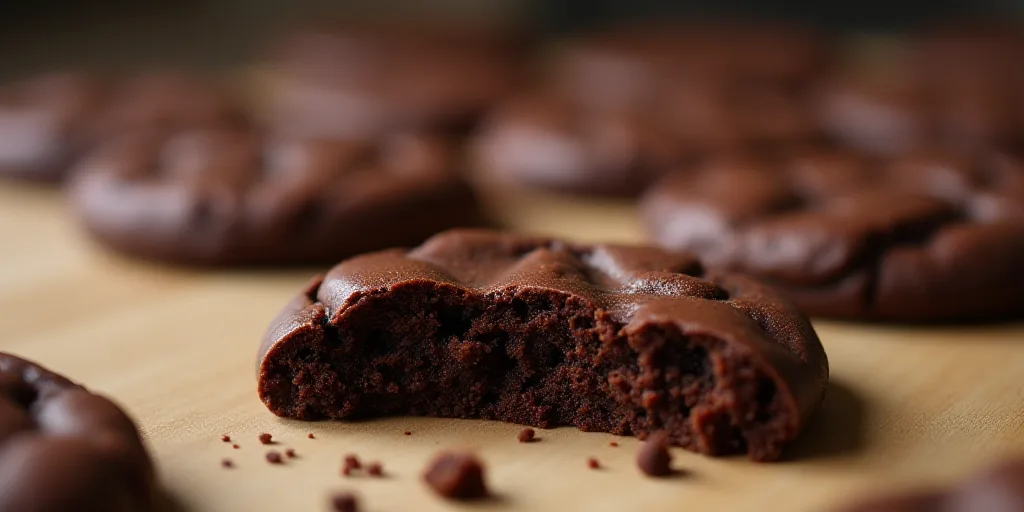 a close up of a chocolate cookie on a wooden surface with other cookies in the background and a few