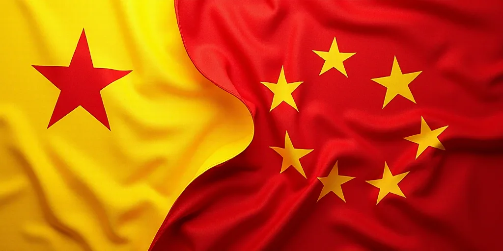 a close up of a flag with a red background and a yellow one with white stars on it and a red one wit