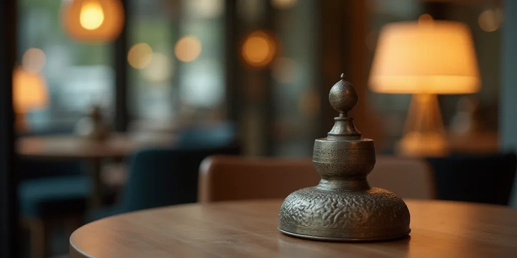 a close up of a metal object with a blurry background of a chair and a table with a lamp, Enguerrand