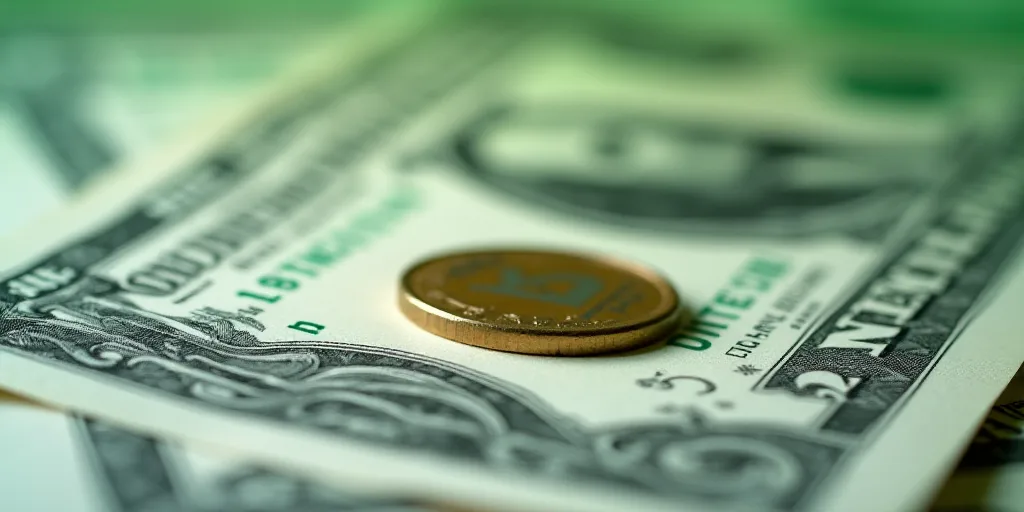 a close up of a one dollar bill with a coin on top of it and a green and white background, Aquirax U