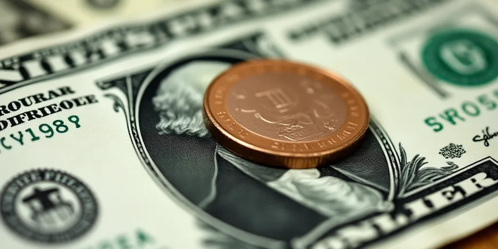 a close up of a one dollar bill with a coin on top of it, with the image of george washington, Benja